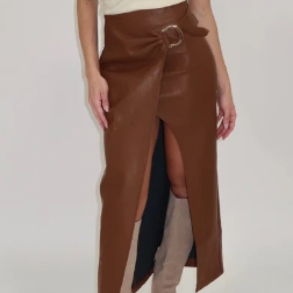 Brown Wrap Front Leather Skirt